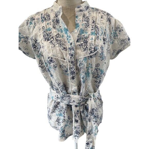 Point Zero Womens Large Floral Button-Up Blouse With Tie Belt - Picture 1 of 7